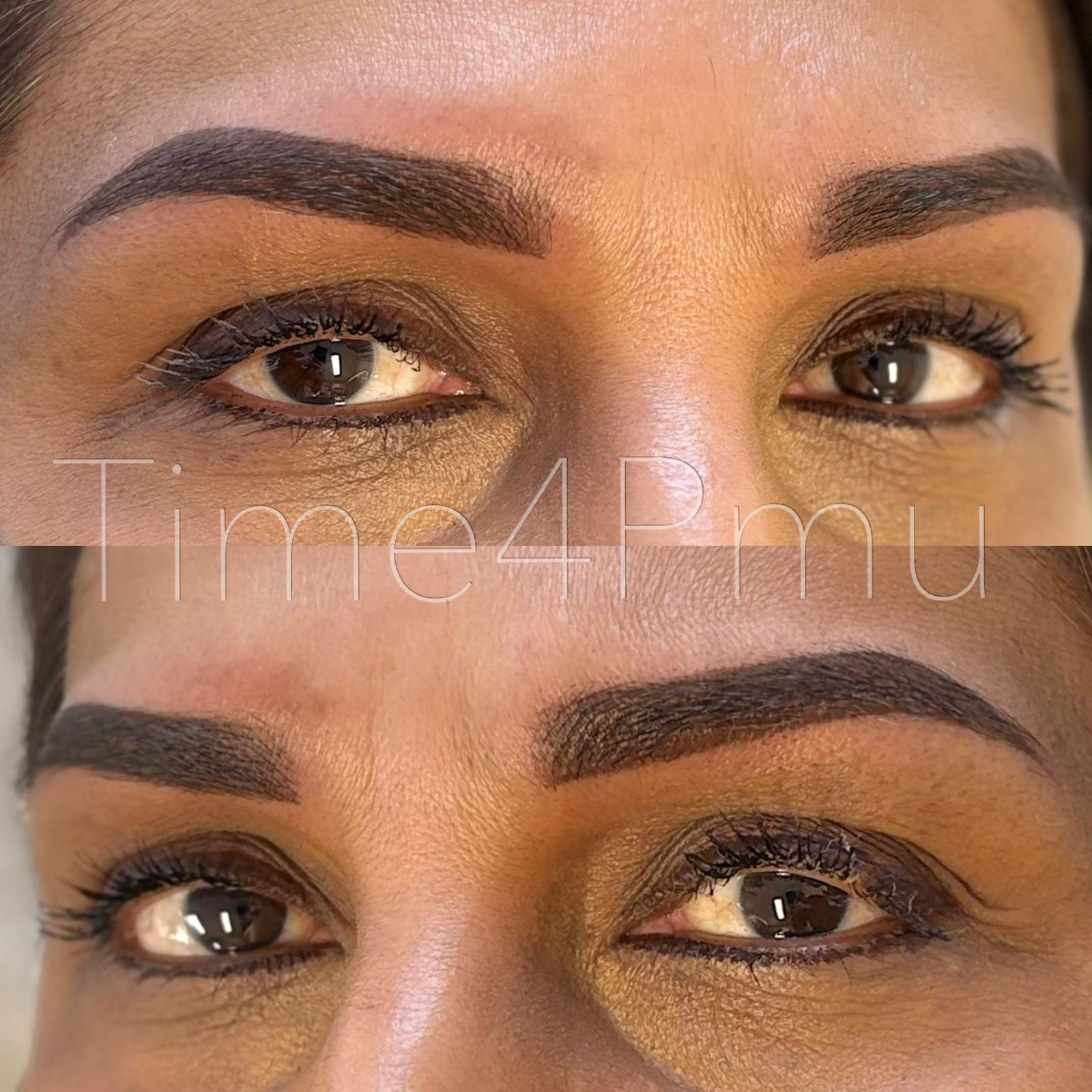 Twee foto's van wenkbrauwen met permanente make-up, gevuld en natuurlijk van vorm